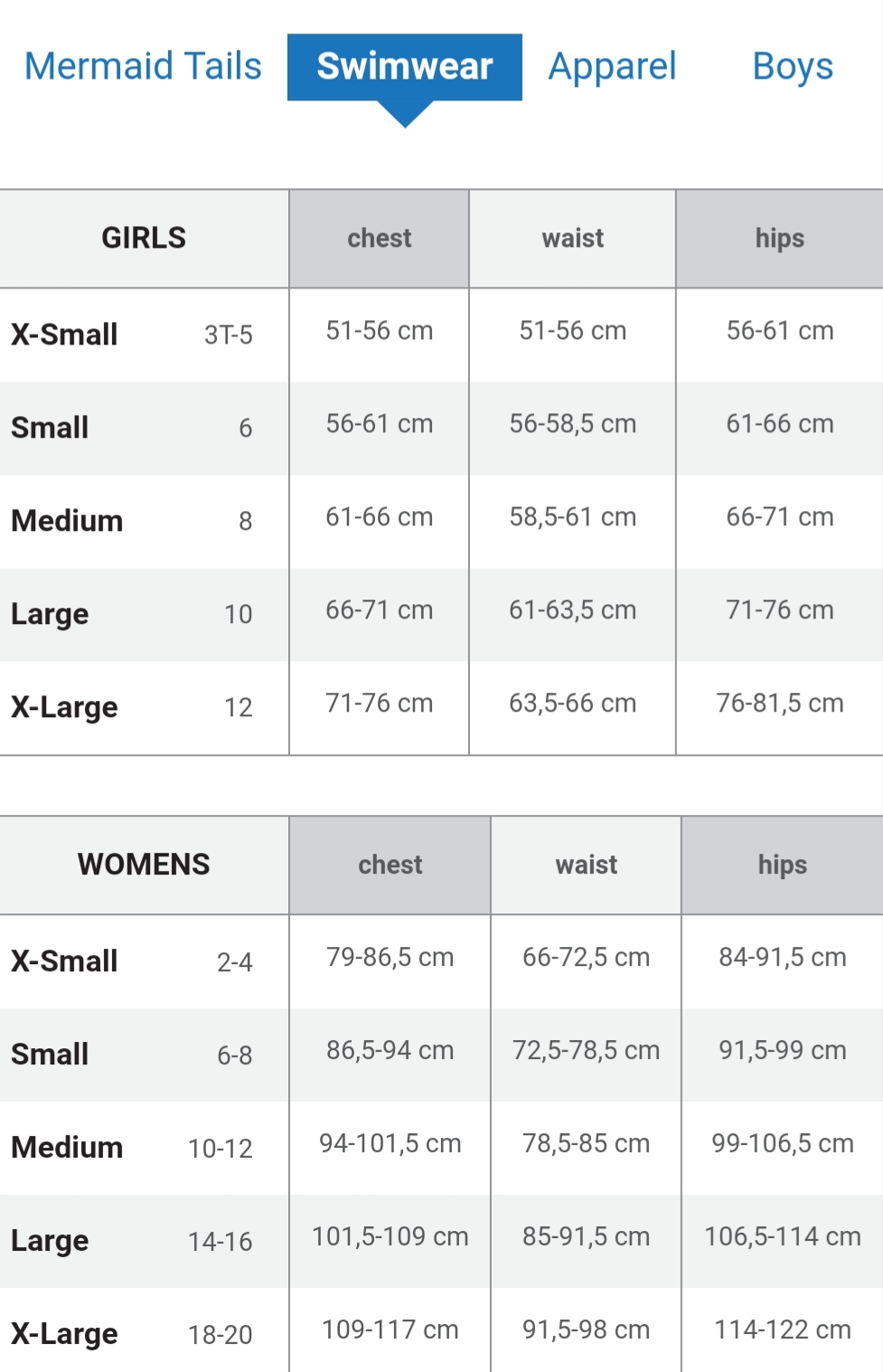 Sirens Size Chart